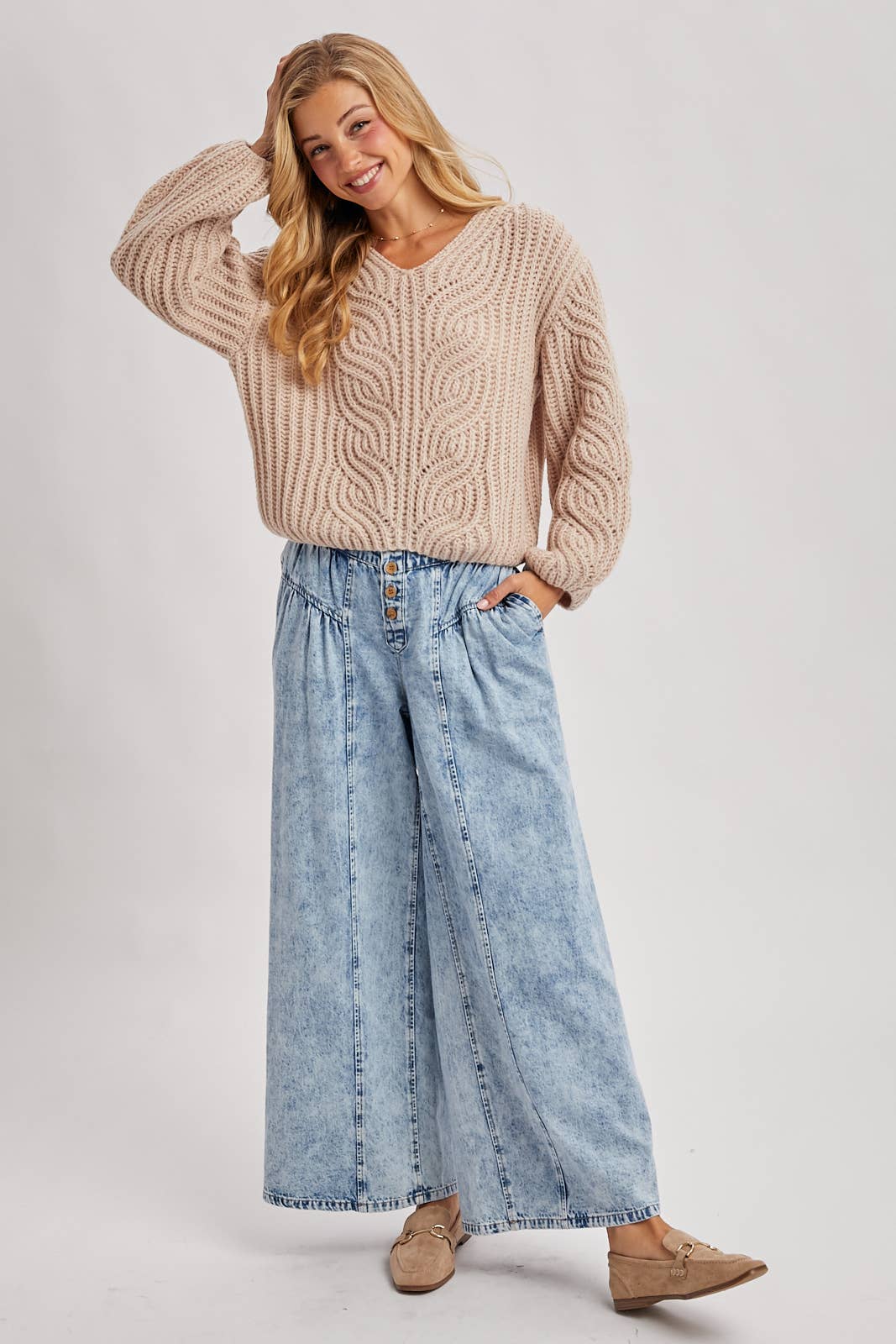 DENIM PLEATED RETRO HIGH-RISE WIDE LEG JEANS: LT.WASH / S