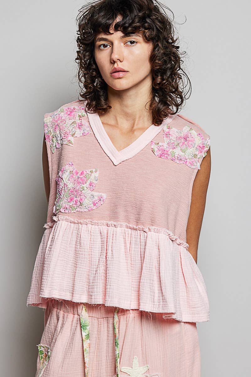 Boho Floral Patch V-Neck Sleeveless Top: NATURAL