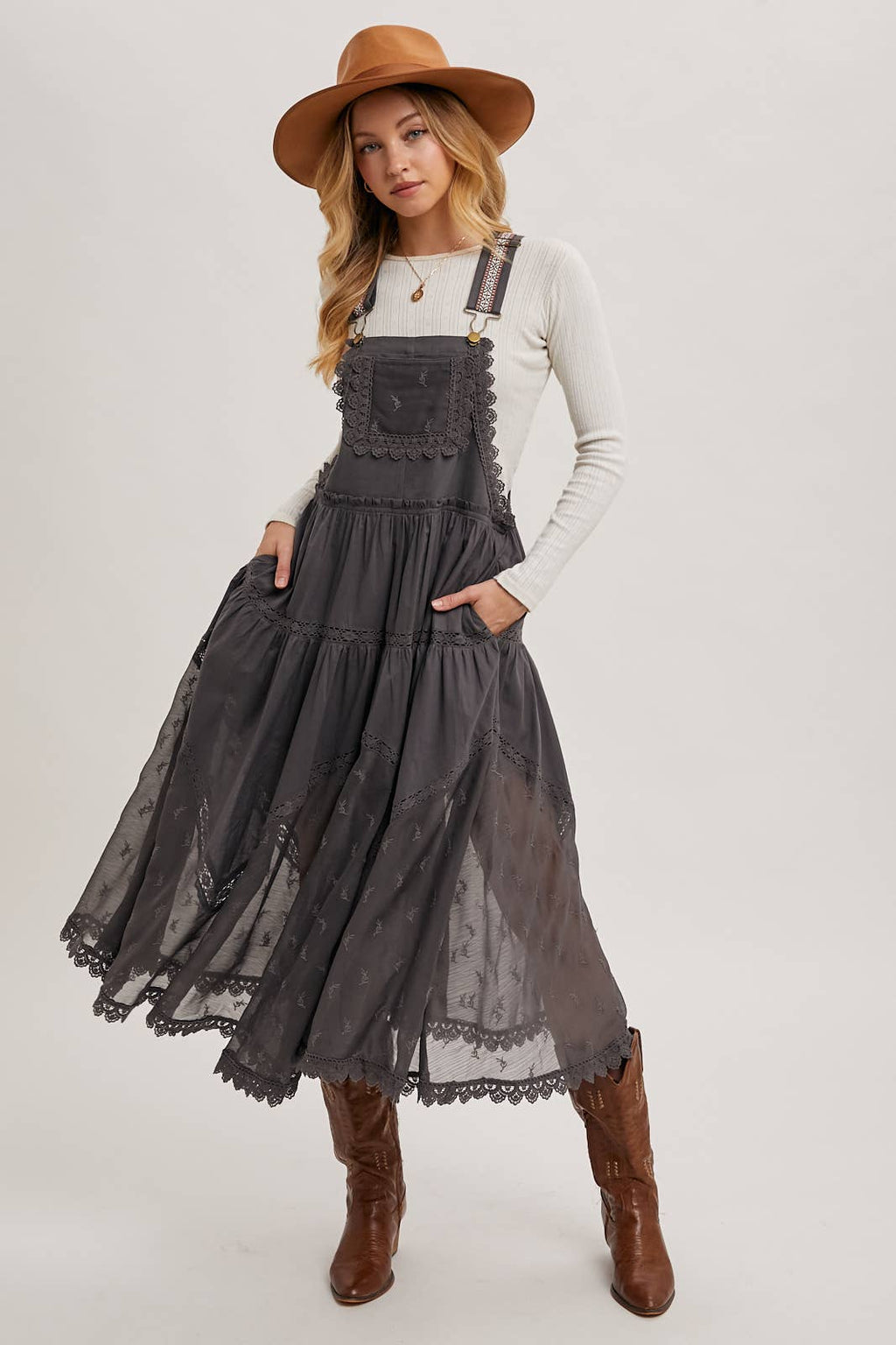 LACE EMBROIDERED TULLE BIB MAXI DRESS: ASH