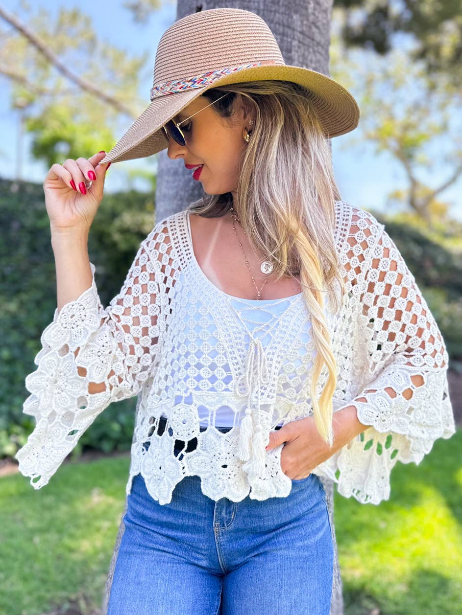 Boho Floral Crochet Bell Sleeve Top with Tassel Lace-Up: Ivory / One Size