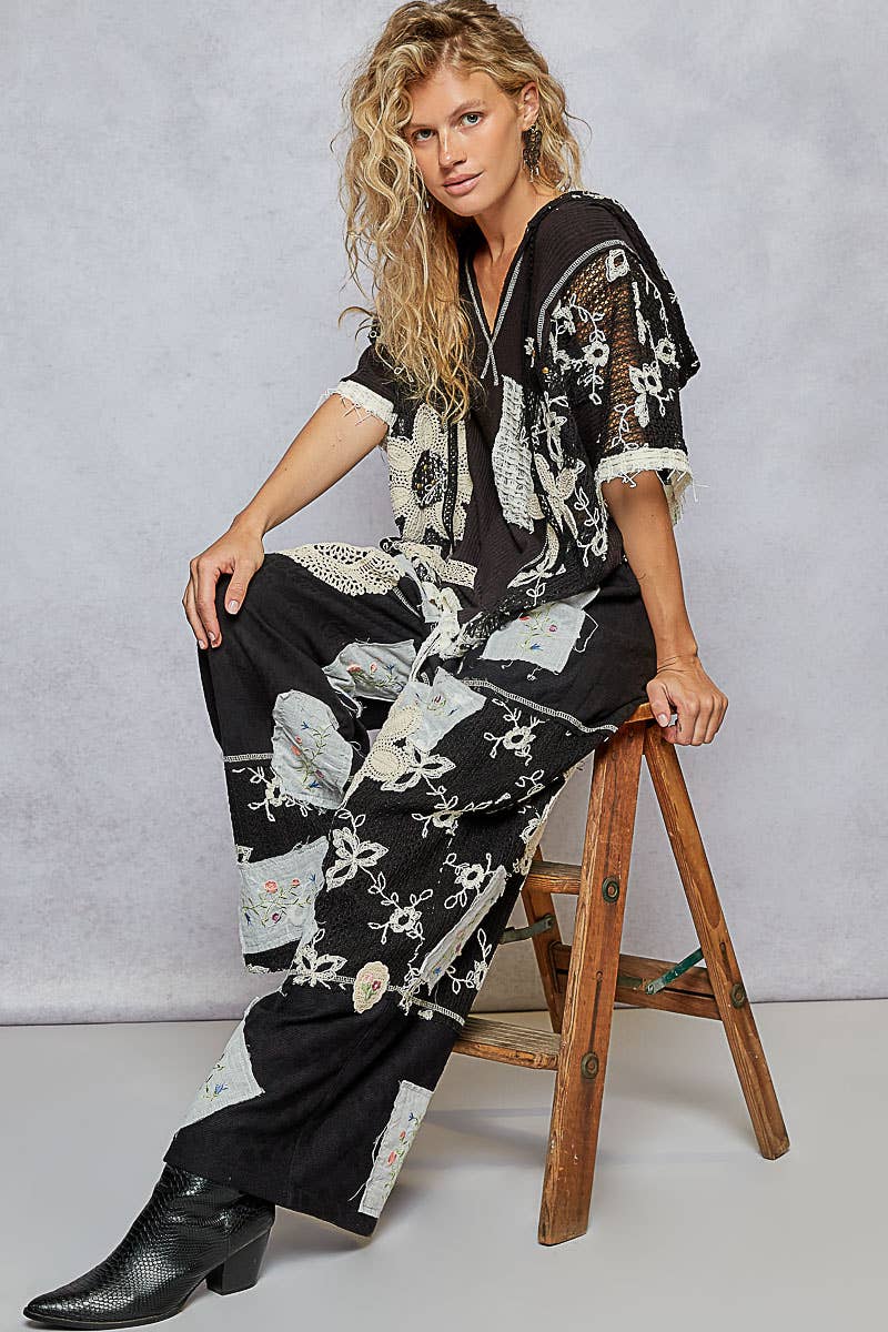 Solid Lace Patch Detail Woven Pants: CHOCO STRIPE