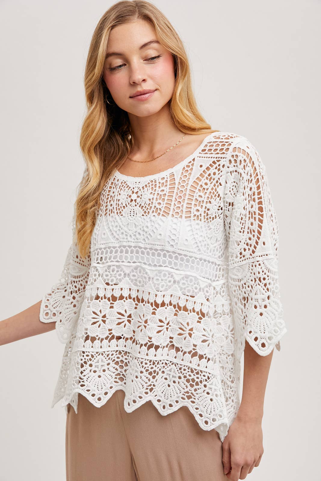 BEACH COVER-UP SHEER CROCHET TOP WITH NO LINING: NATURAL