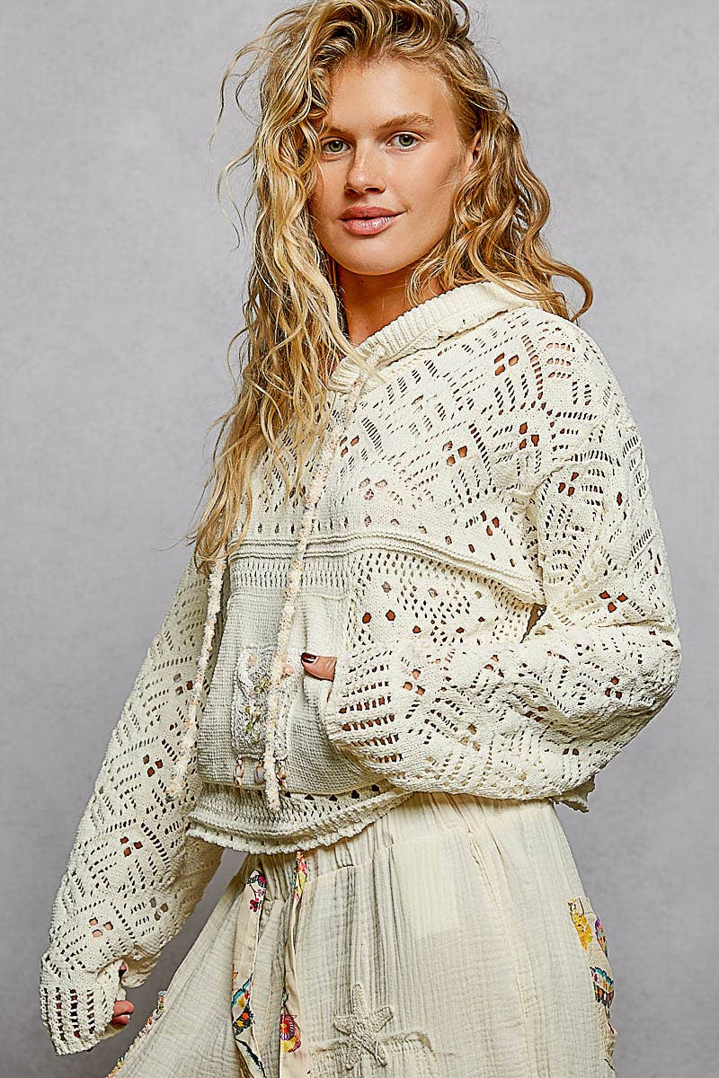 Chenille Crochet Lightweight Pullover Hoodie Sweater: NATURAL / L
