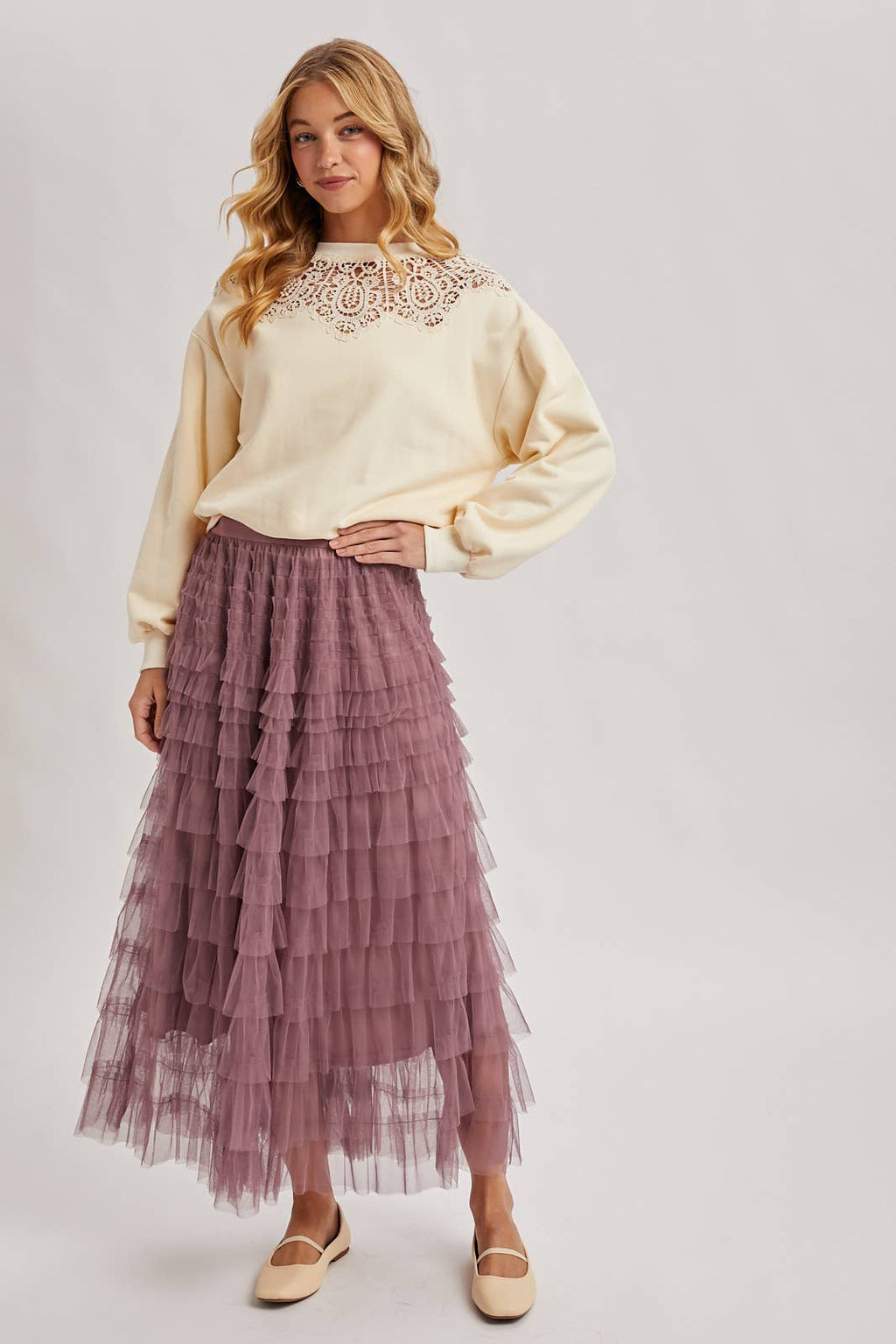 RUFFLED TULLE MIDI SKIRT: MAUVE / S