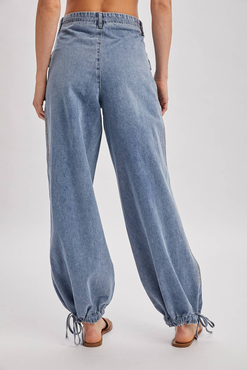 DENIM ANKLE DRAWSTRING BALLOON JEANS: DK.WASH / S
