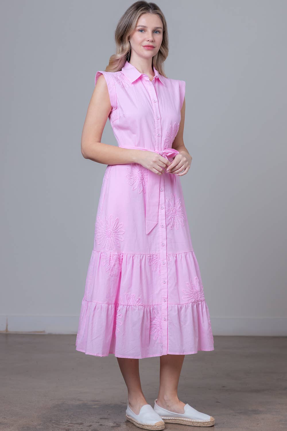 HD30551T-APPLIQUE TIERED SKIRT MIDI DRESS : Pink / Contemporary / L
