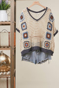 Boho Crochet Patchwork V Neck Short Sleeve Top: Navy