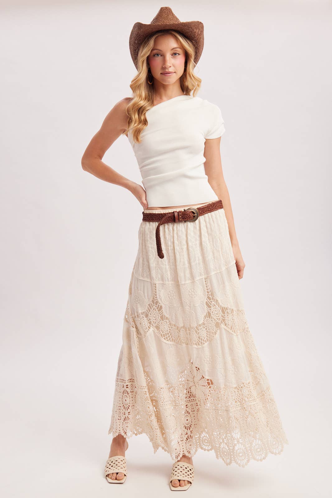 BOHO SHEER LACE MAXI SKIRT WITH LINING: NATURAL / S