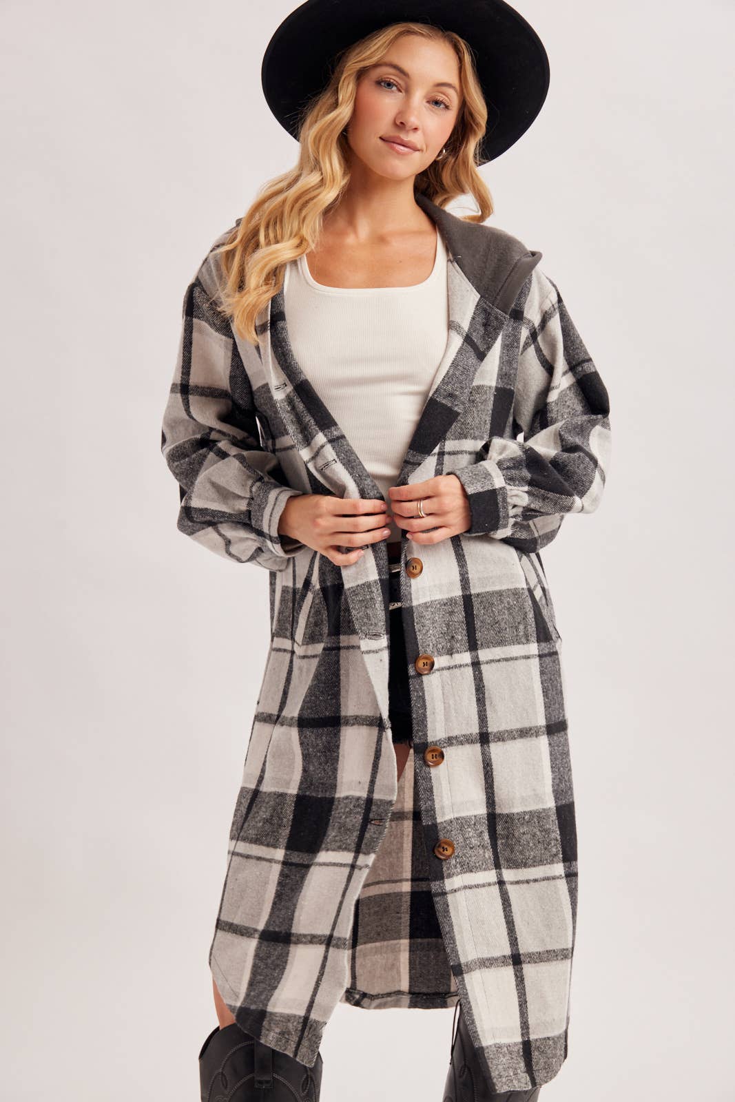 LONGLINE PLAID HOODED JACKET