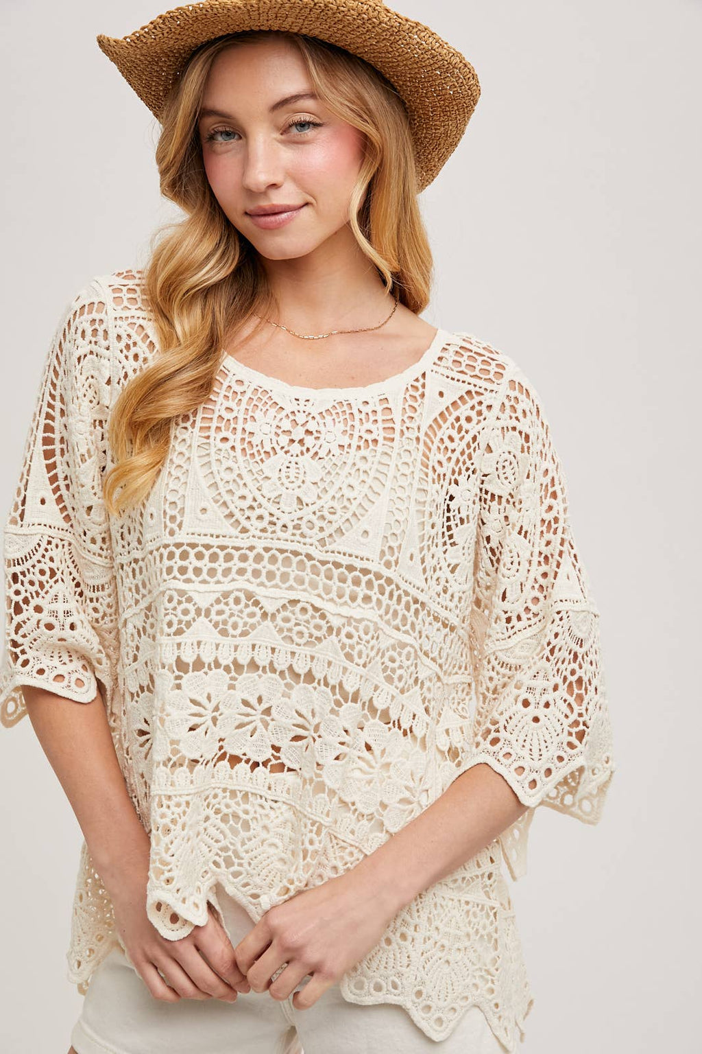 BEACH COVER-UP SHEER CROCHET TOP WITH NO LINING: NATURAL