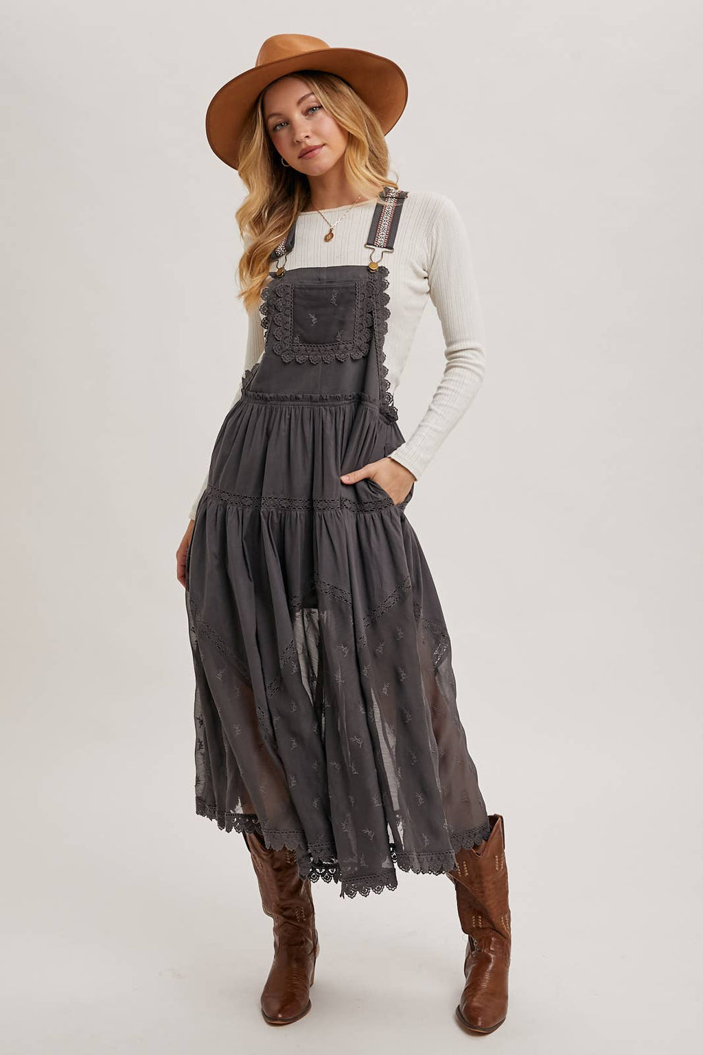 LACE EMBROIDERED TULLE BIB MAXI DRESS: ASH