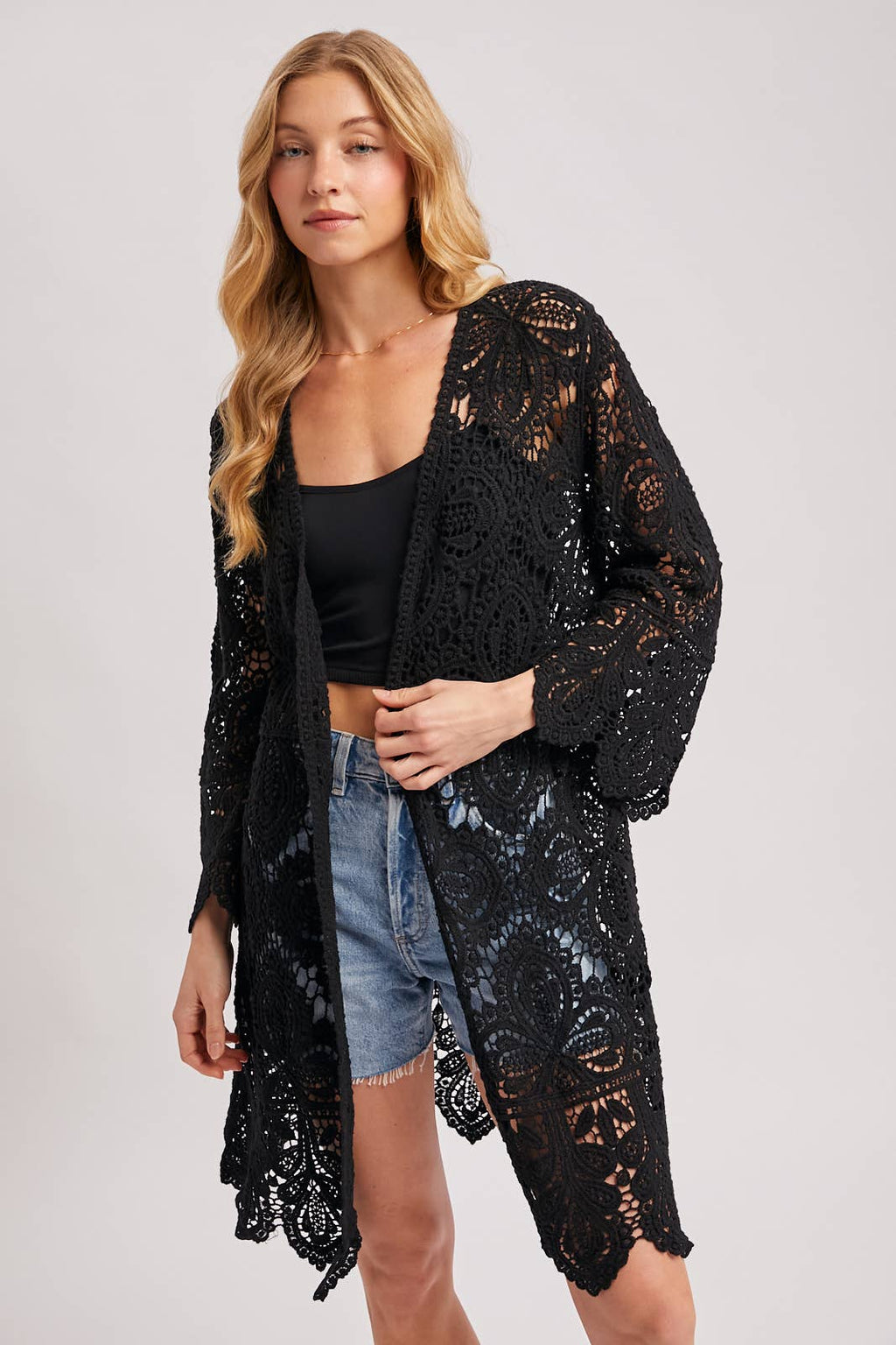 CROCHET OPEN FRONT BELL SLEEVED CARDIGAN: LATTE / S/M
