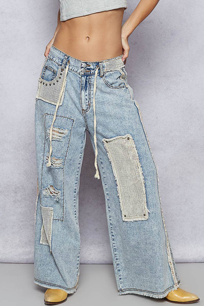 Stud Detail Woven Denim Pants: SAND LEOPARD / S