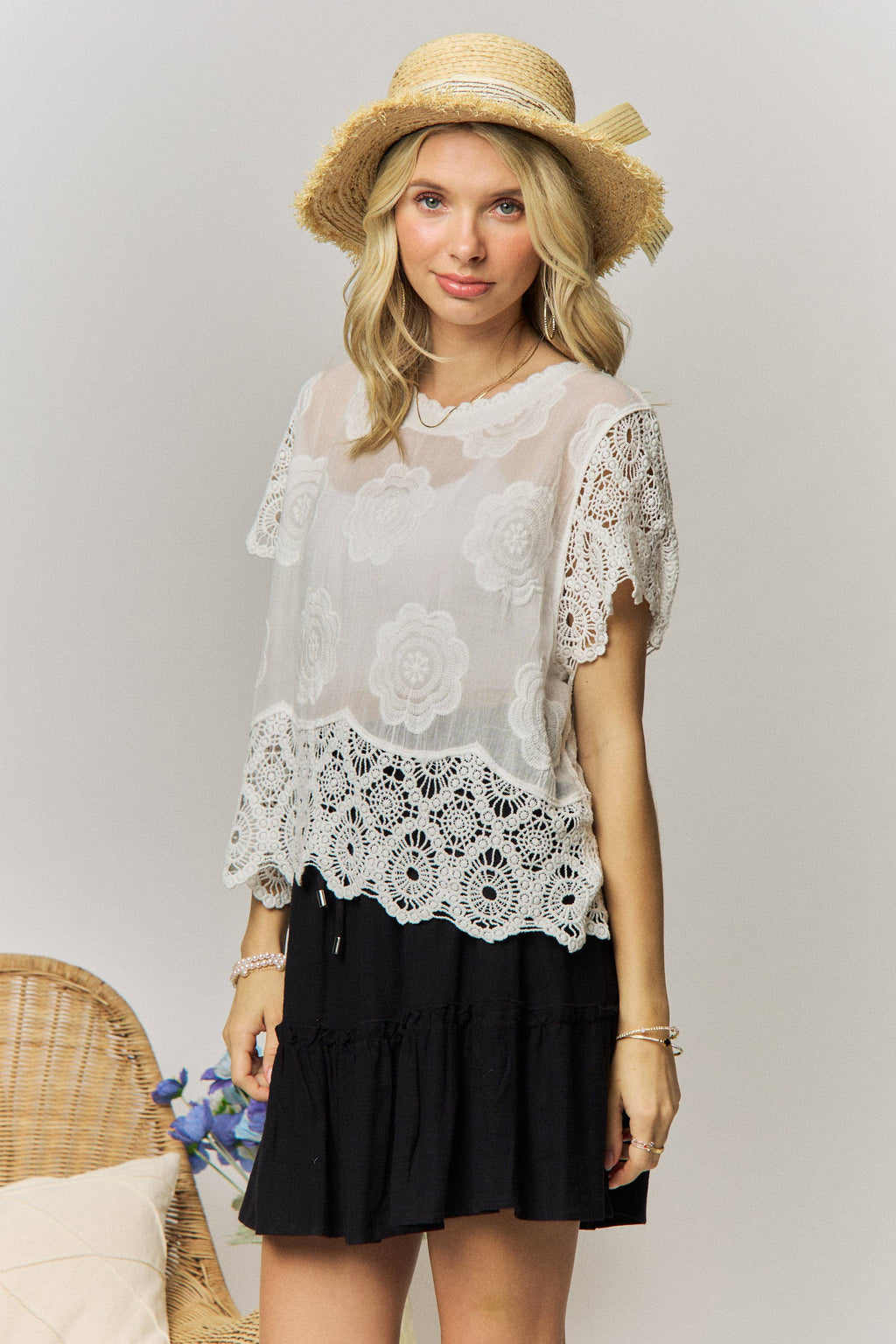 LACE SLEEVE COTTON TOP- LET4268: Beige / ONESIZE(6)