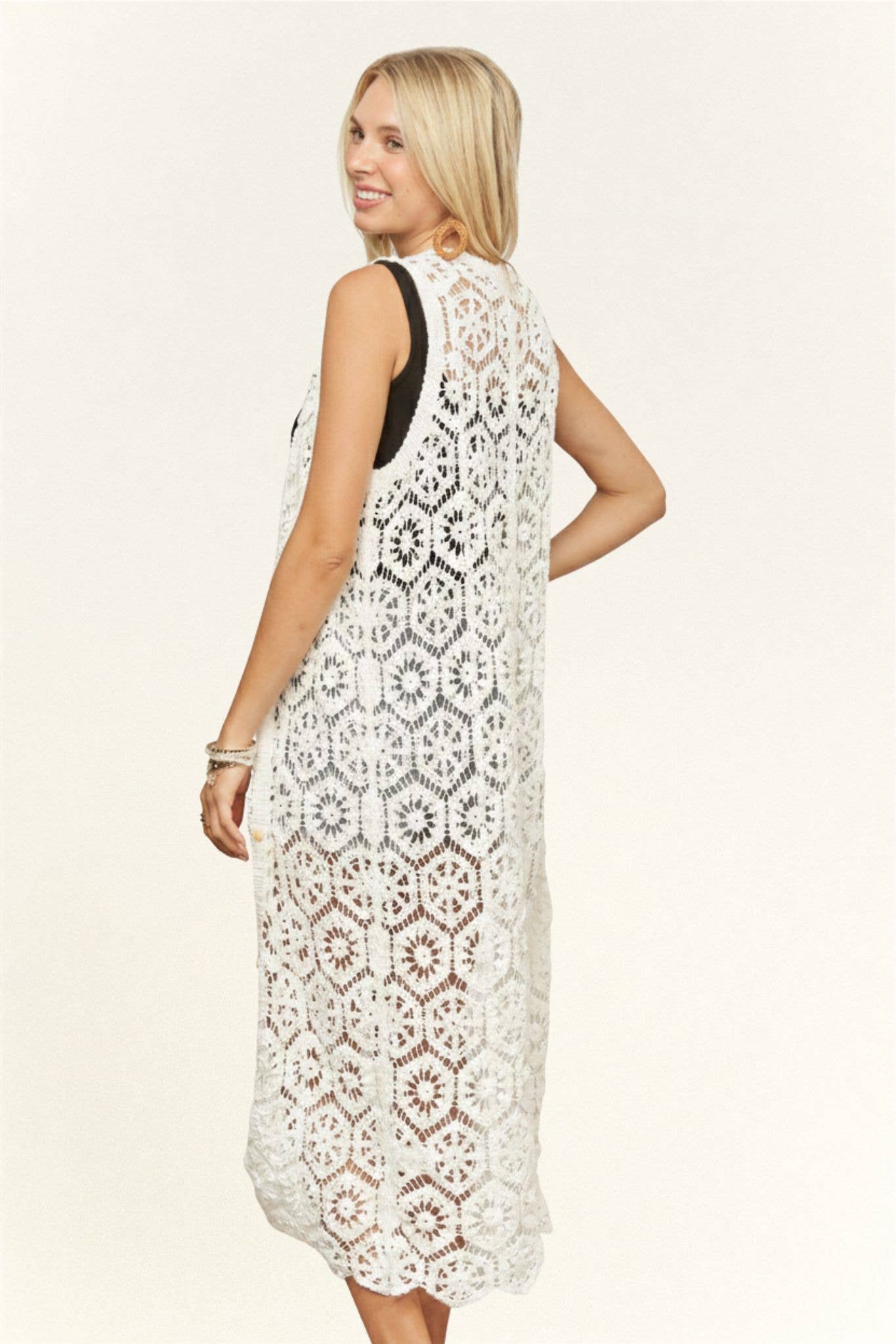 LONG CROCHET CARDIGAN VEST- LEJ4076: BEIGE / SM-ML(3-3)