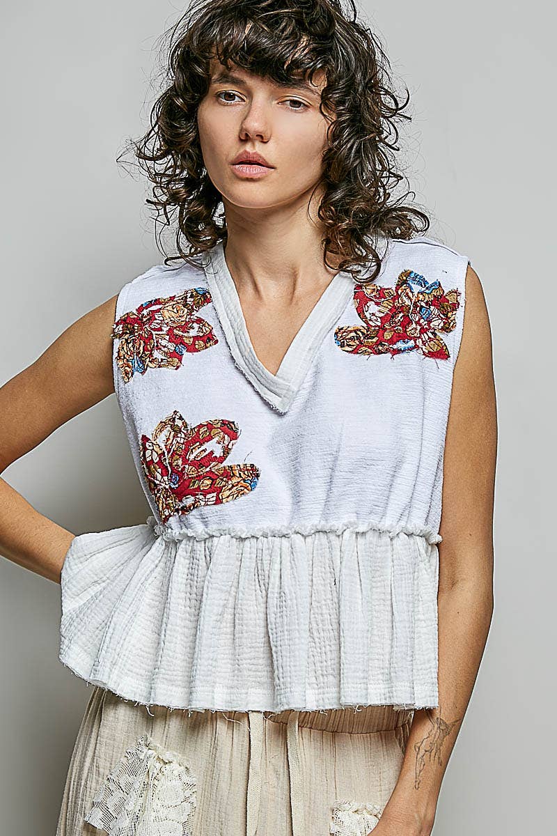 Boho Floral Patch V-Neck Sleeveless Top: NATURAL