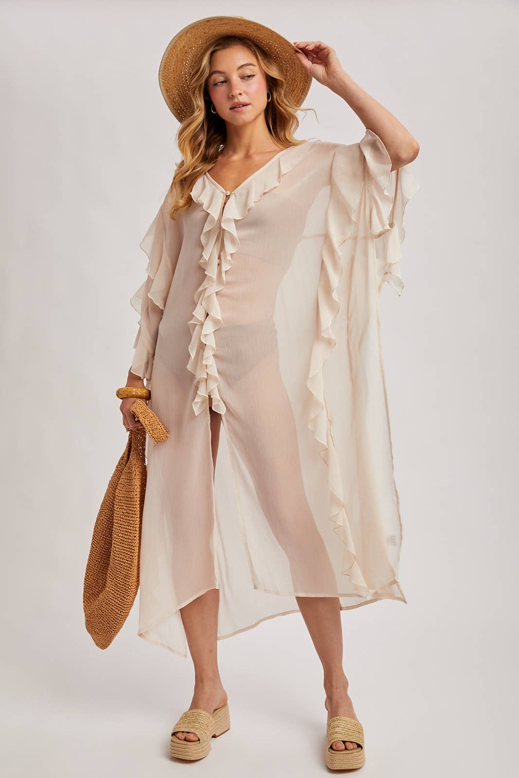 SHEER RUFFLED OPEN FRONT KIMONO COVER-UP DRESS - EASTER DAY: DUSTY PINK / One Size