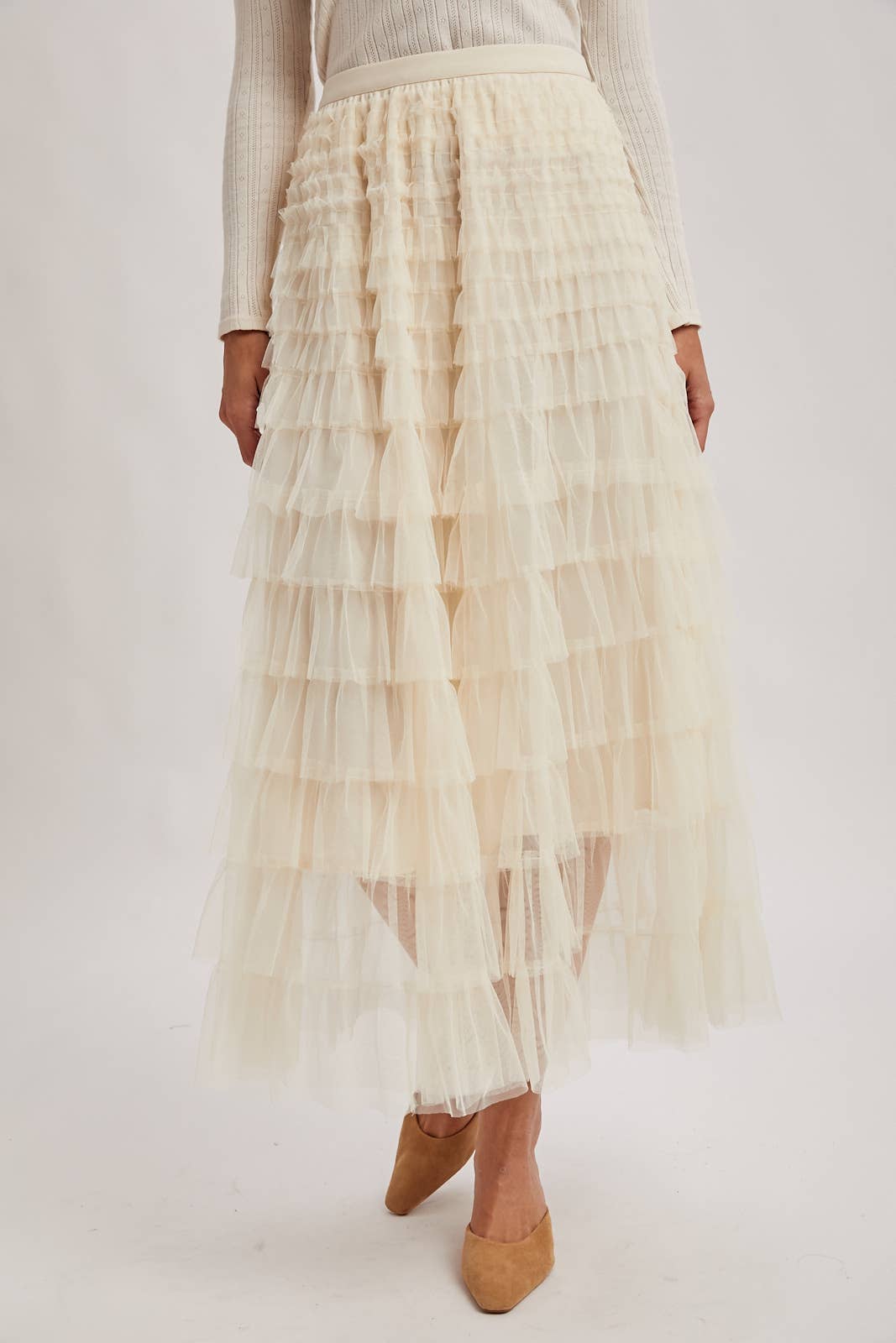 RUFFLED TULLE MIDI SKIRT: MAUVE / M