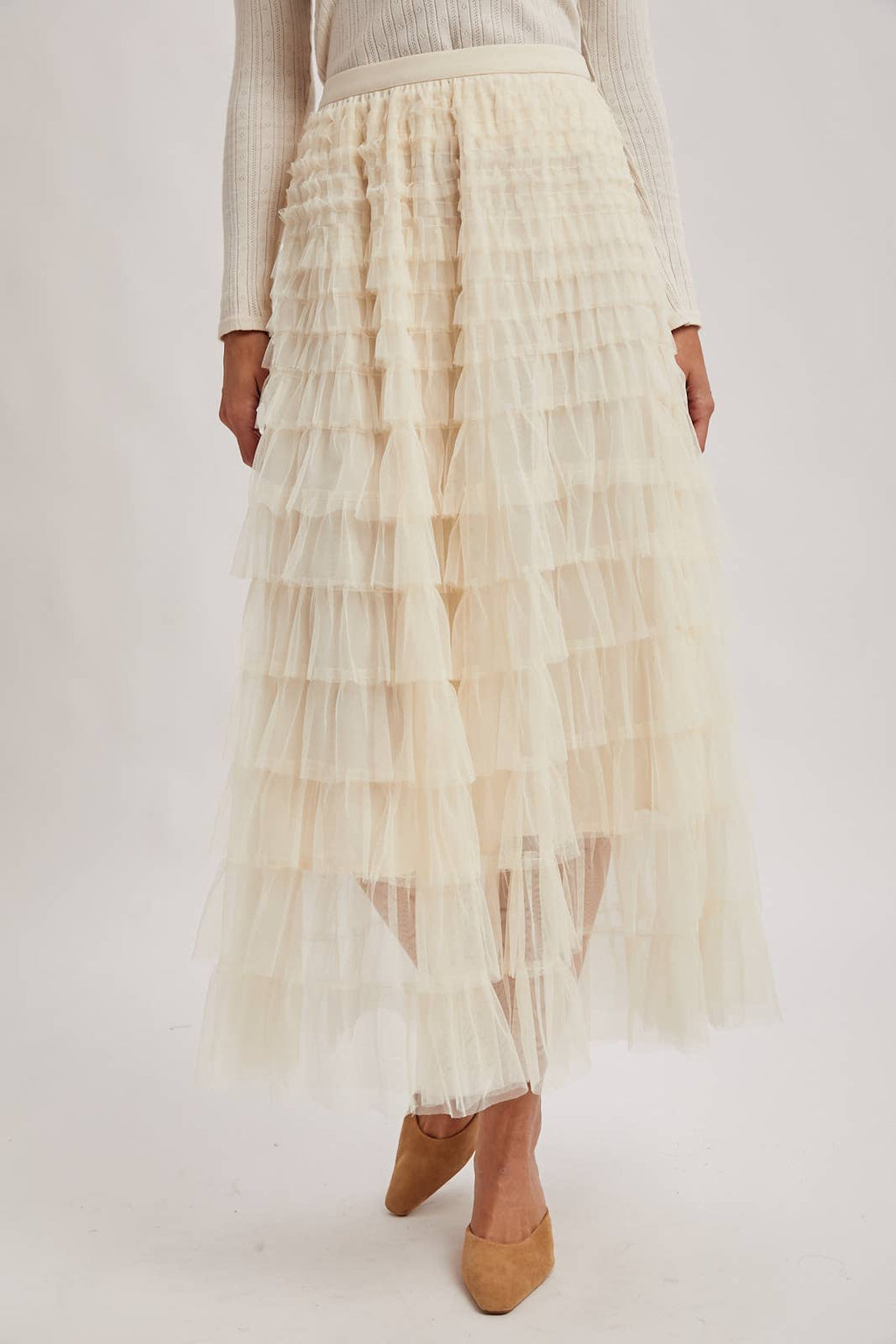 RUFFLED TULLE MIDI SKIRT: MAUVE / S