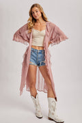 SHEER RUFFLED OPEN FRONT KIMONO COVER-UP DRESS - EASTER DAY: DUSTY PINK / One Size