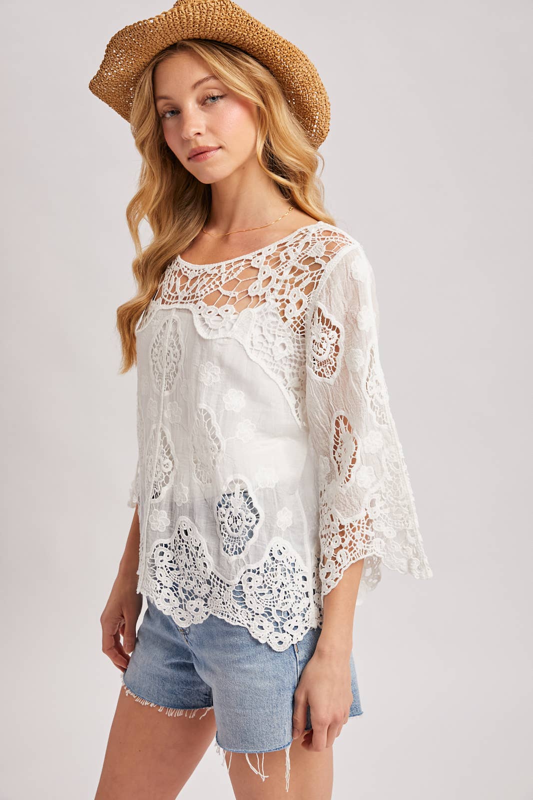 BOHO SHEER CROCHET 3/4 SLEEVED TOP - EASTER DAY: NATURAL / M