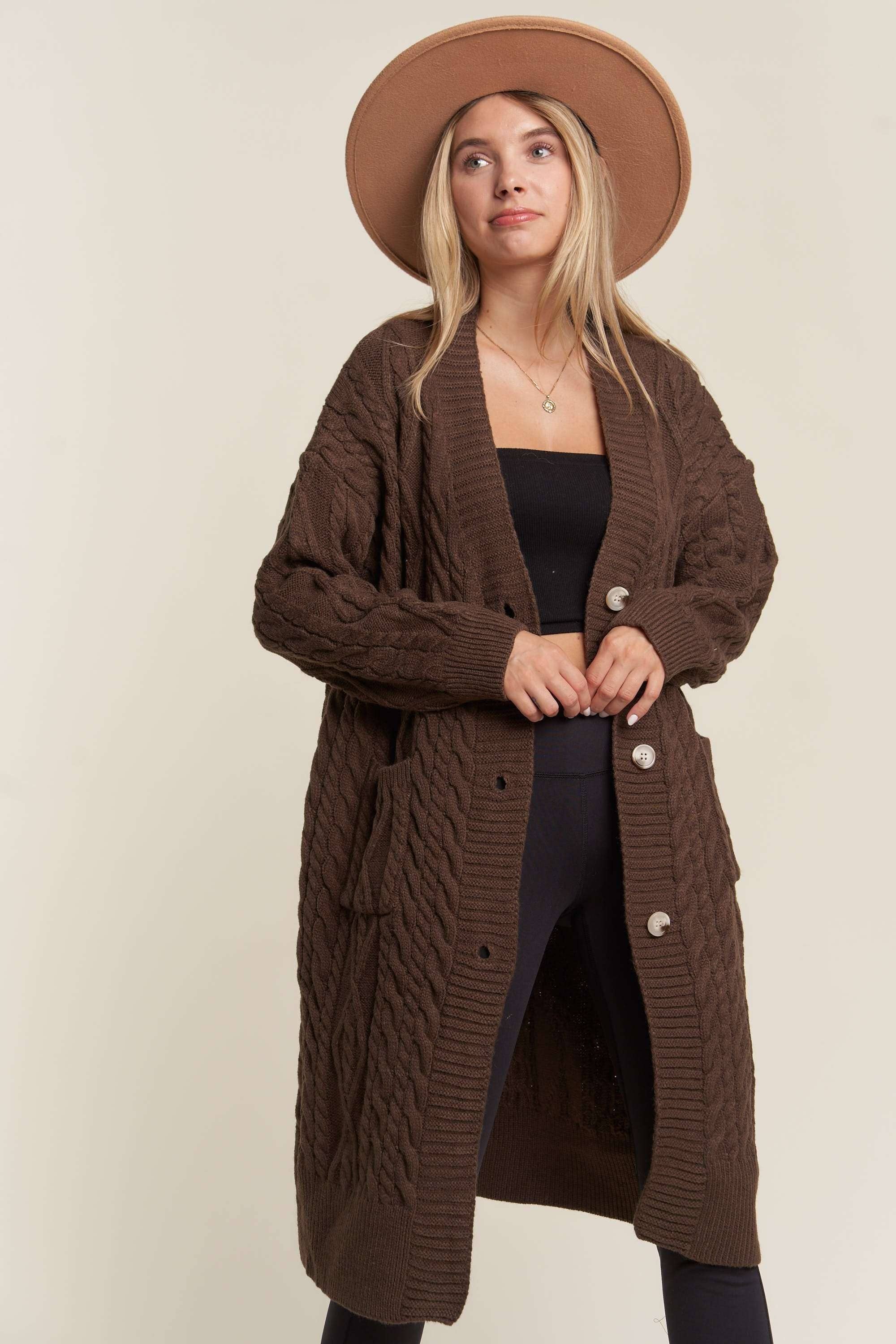 LESW3450A - CABLE KNIT LONG SWEATER CARDIGAN: BROWN / S/M-M/L(3-3)