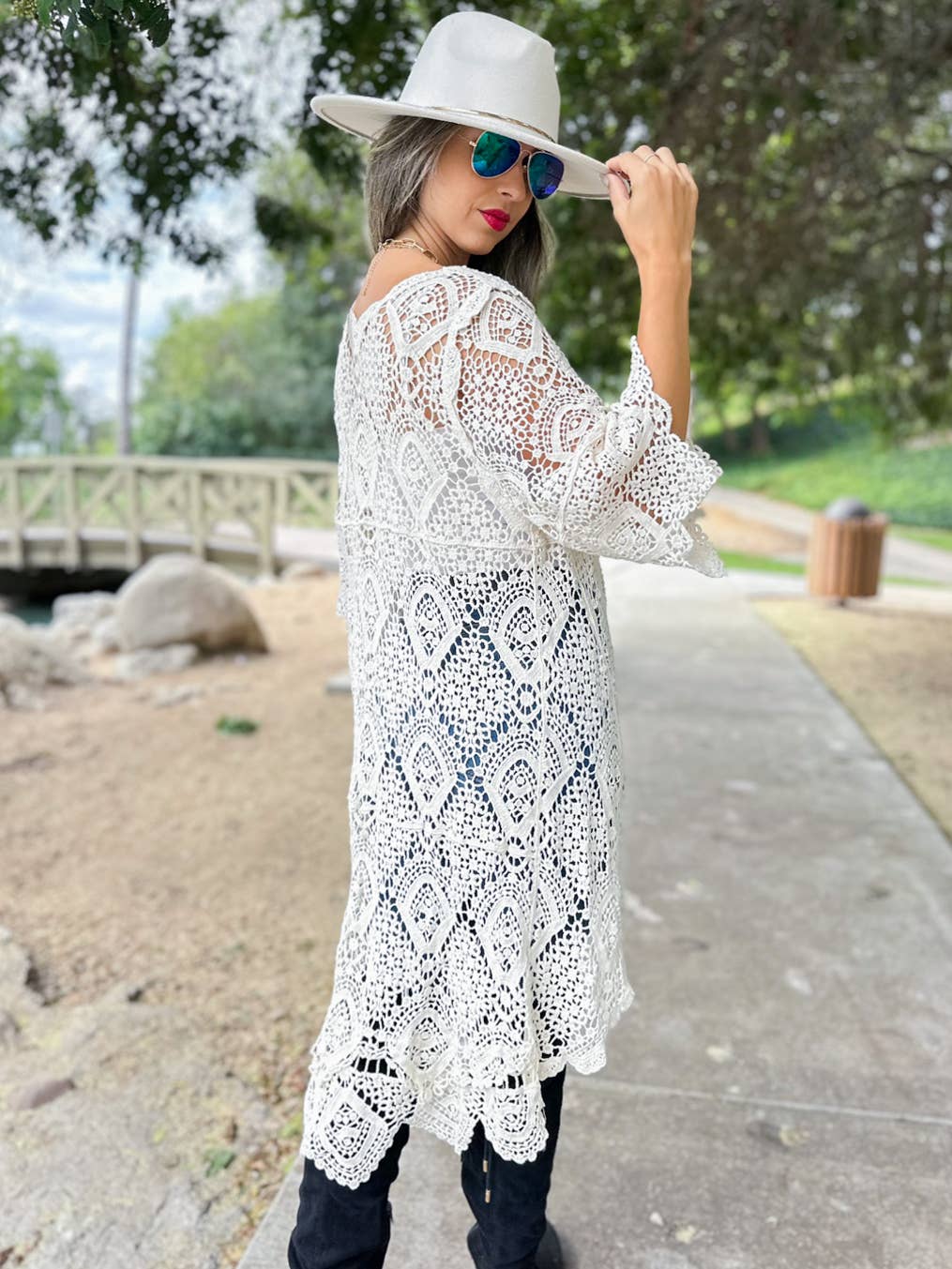 Unique Boho Open Front High-Low Crochet Cardigan With Tie: Ivory / One Size