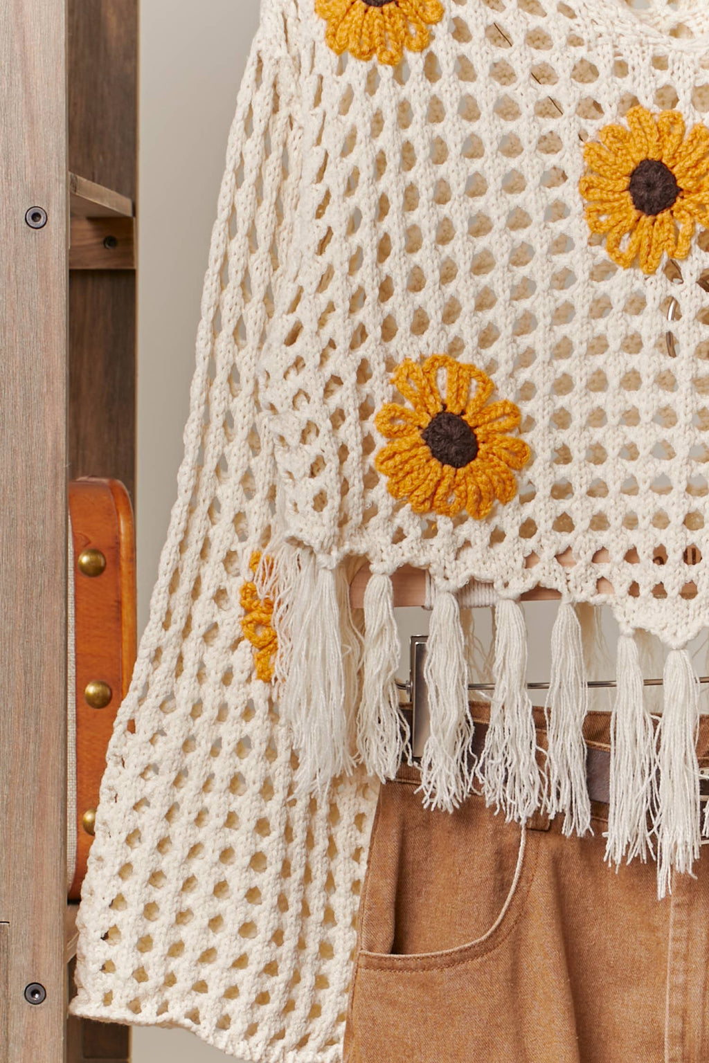 Sunflower Patched Crochet Sweater with Fringes: Cream