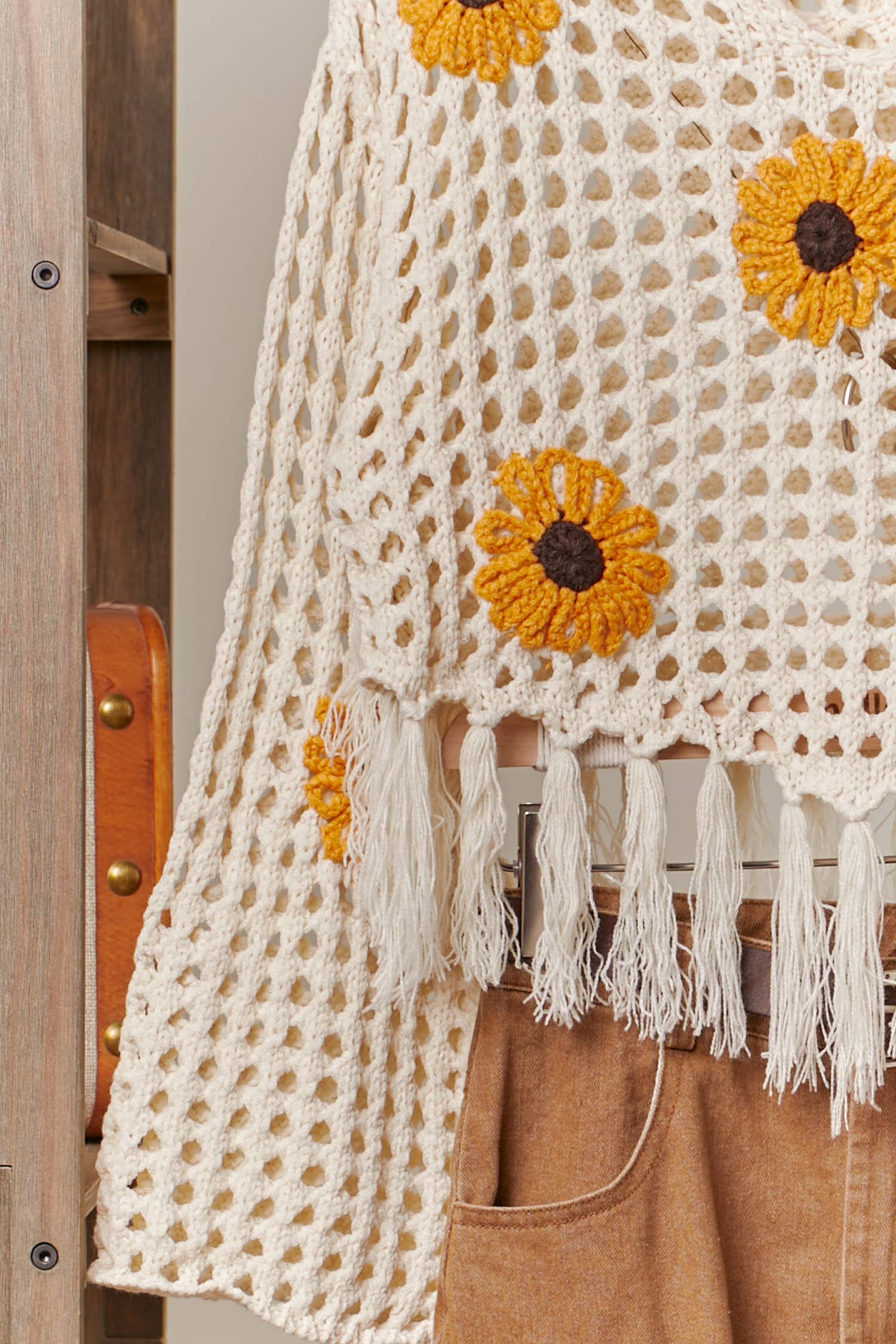Sunflower Patched Crochet Sweater with Fringes: Cream