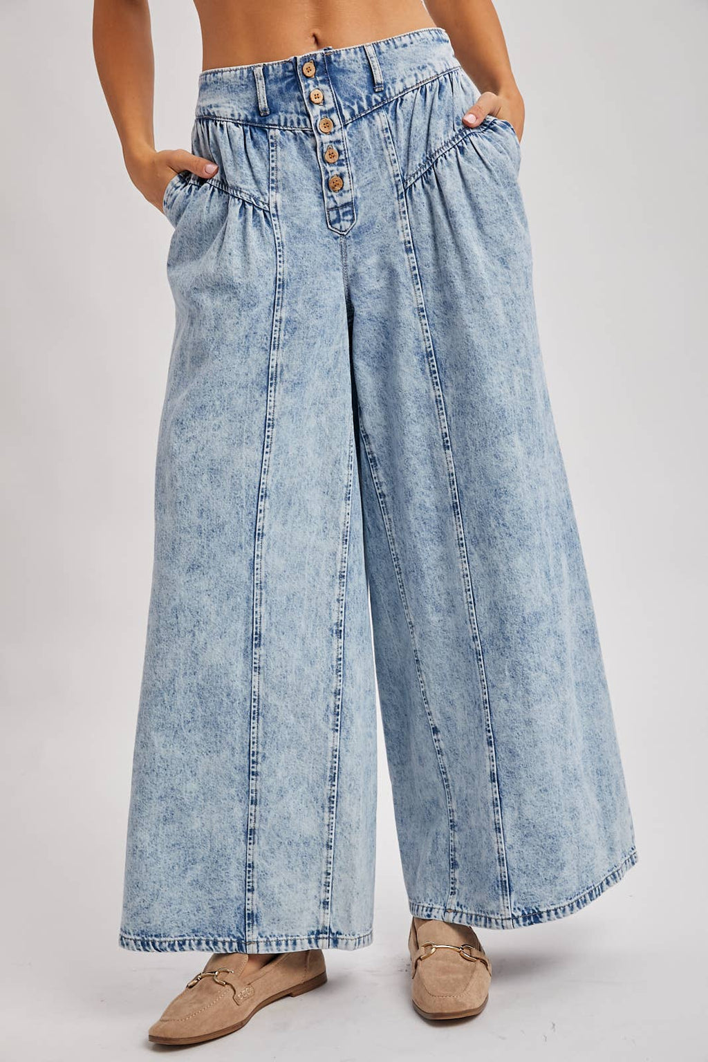 DENIM PLEATED RETRO HIGH-RISE WIDE LEG JEANS: LT.WASH / S