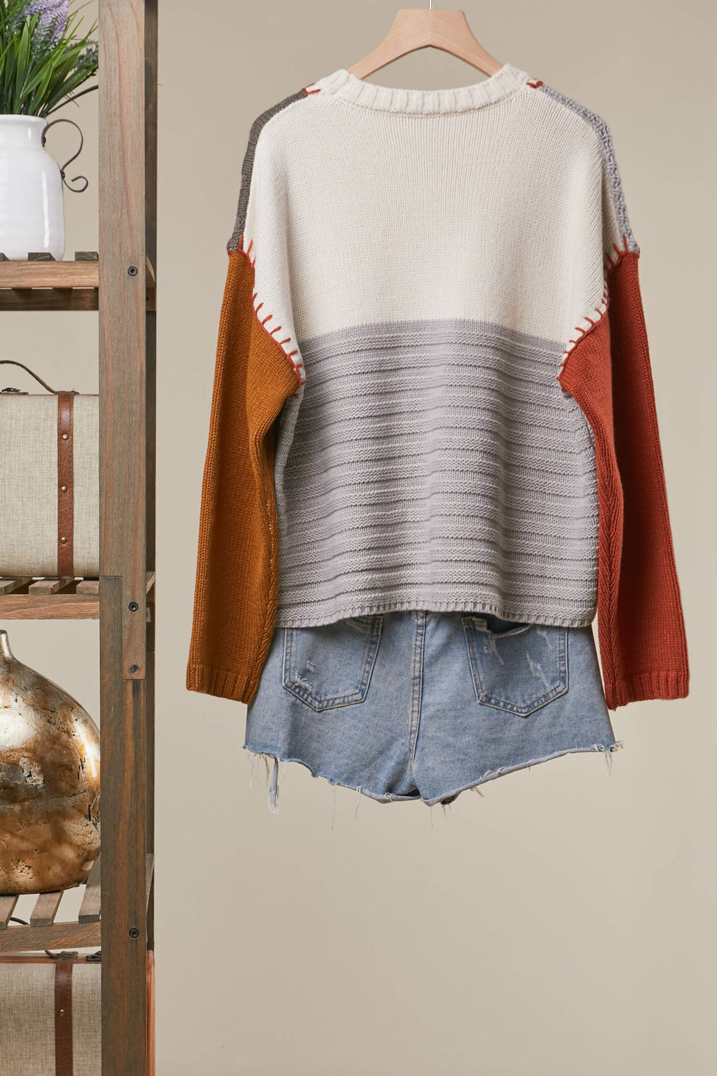 Color-Blocked Knit Sweater: Ivory Multi / S