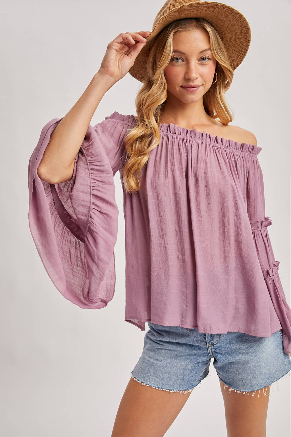TEXTURED BELL SLEEVE OFF THE SHOULDER TOP: ROSE / S