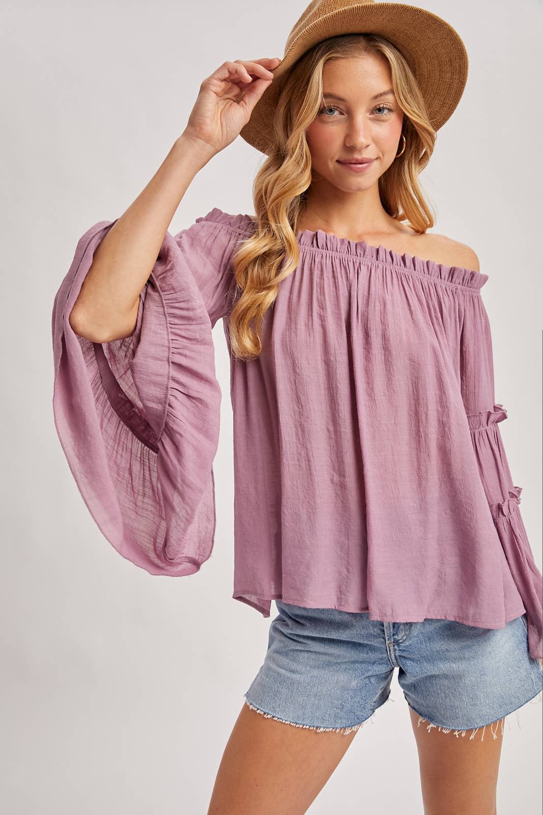 TEXTURED BELL SLEEVE OFF THE SHOULDER TOP: ROSE / M