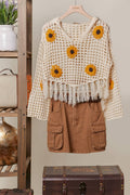 Sunflower Patched Crochet Sweater with Fringes: Cream
