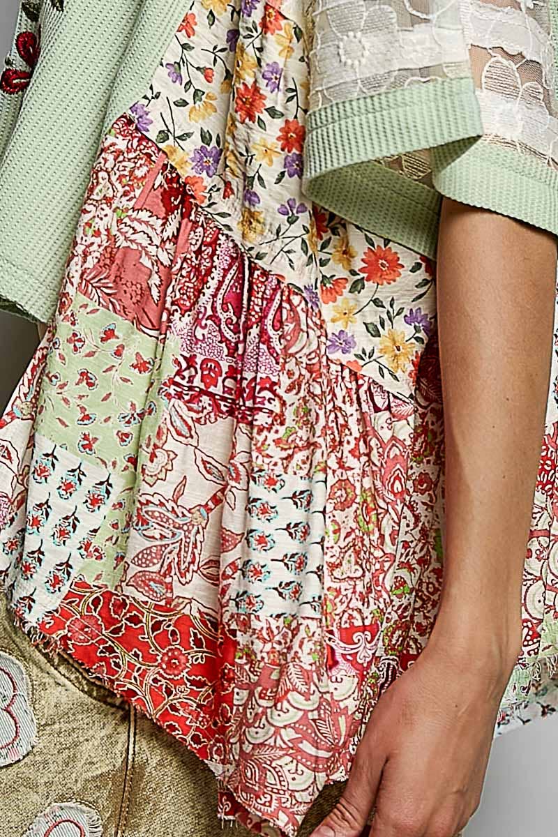 Boho Side Ruffle Detail Floral Embroidery Thermal Top: MINT / S