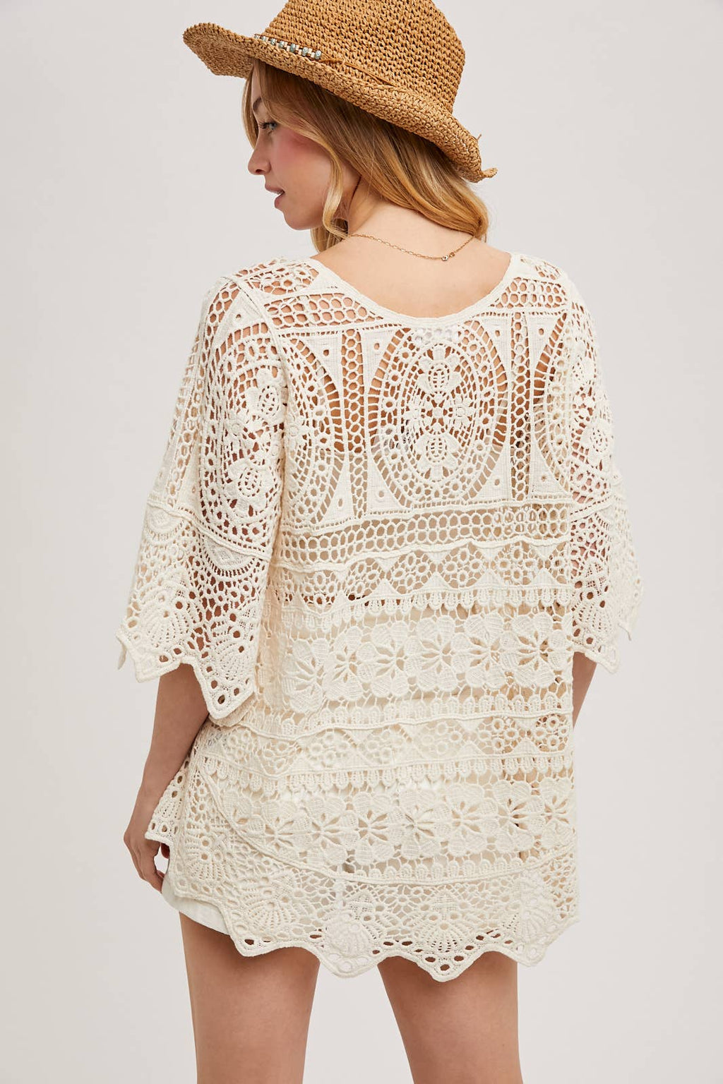 BEACH COVER-UP SHEER CROCHET TOP WITH NO LINING: NATURAL