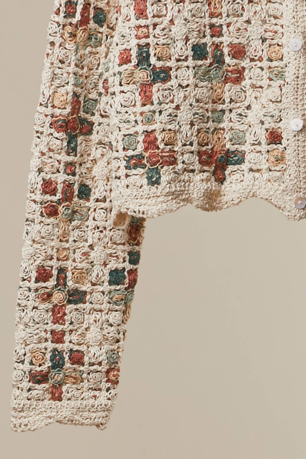 Boho Patchwork Crochet Button Cardigan: Ivory