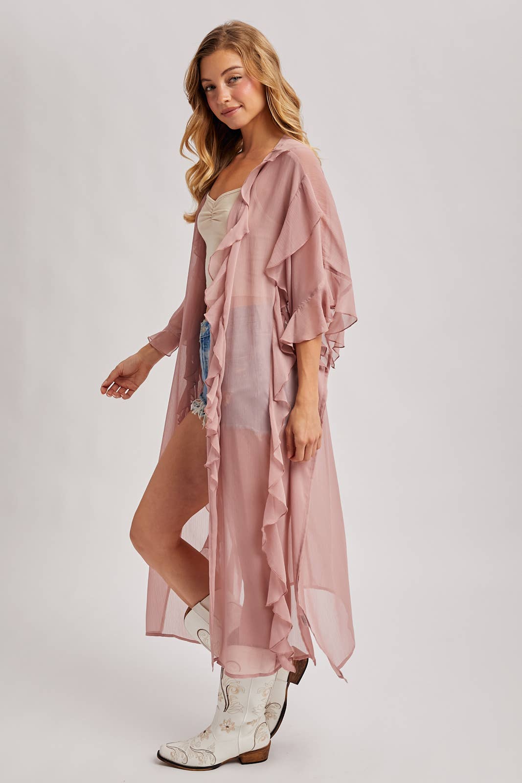 SHEER RUFFLED OPEN FRONT KIMONO COVER-UP DRESS - EASTER DAY: DUSTY PINK / One Size