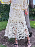Hexagon Boho Floral Maxi Skirt with Elastic Waistband: Ivory / One Size