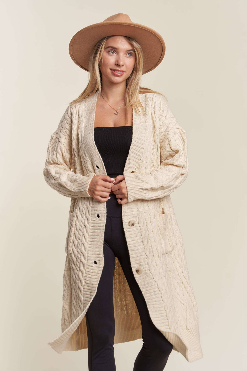 LESW3450A - CABLE KNIT LONG SWEATER CARDIGAN: BEIGE / S/M-M/L(3-3)