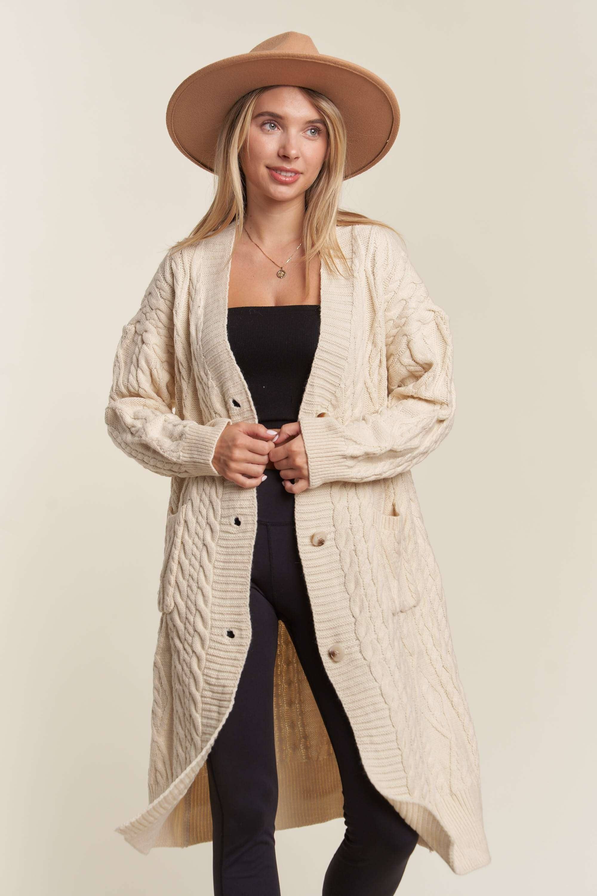 LESW3450A - CABLE KNIT LONG SWEATER CARDIGAN: BEIGE / S/M-M/L(3-3)