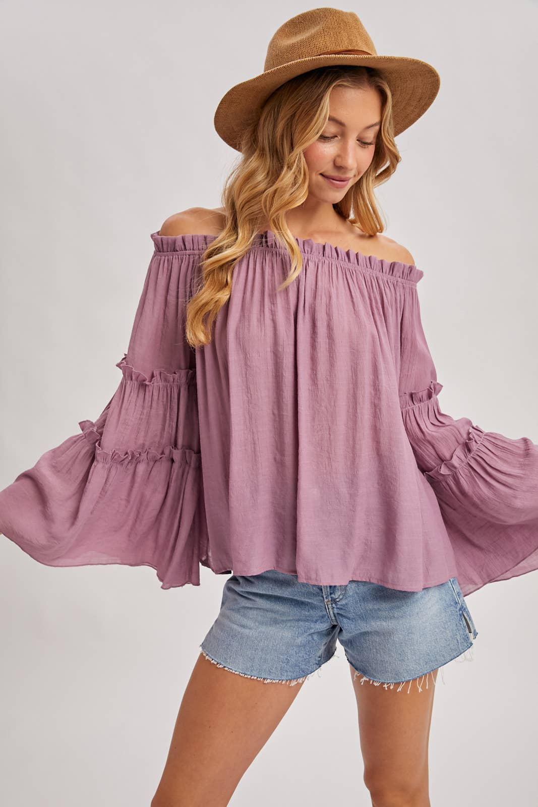 TEXTURED BELL SLEEVE OFF THE SHOULDER TOP: ROSE / S