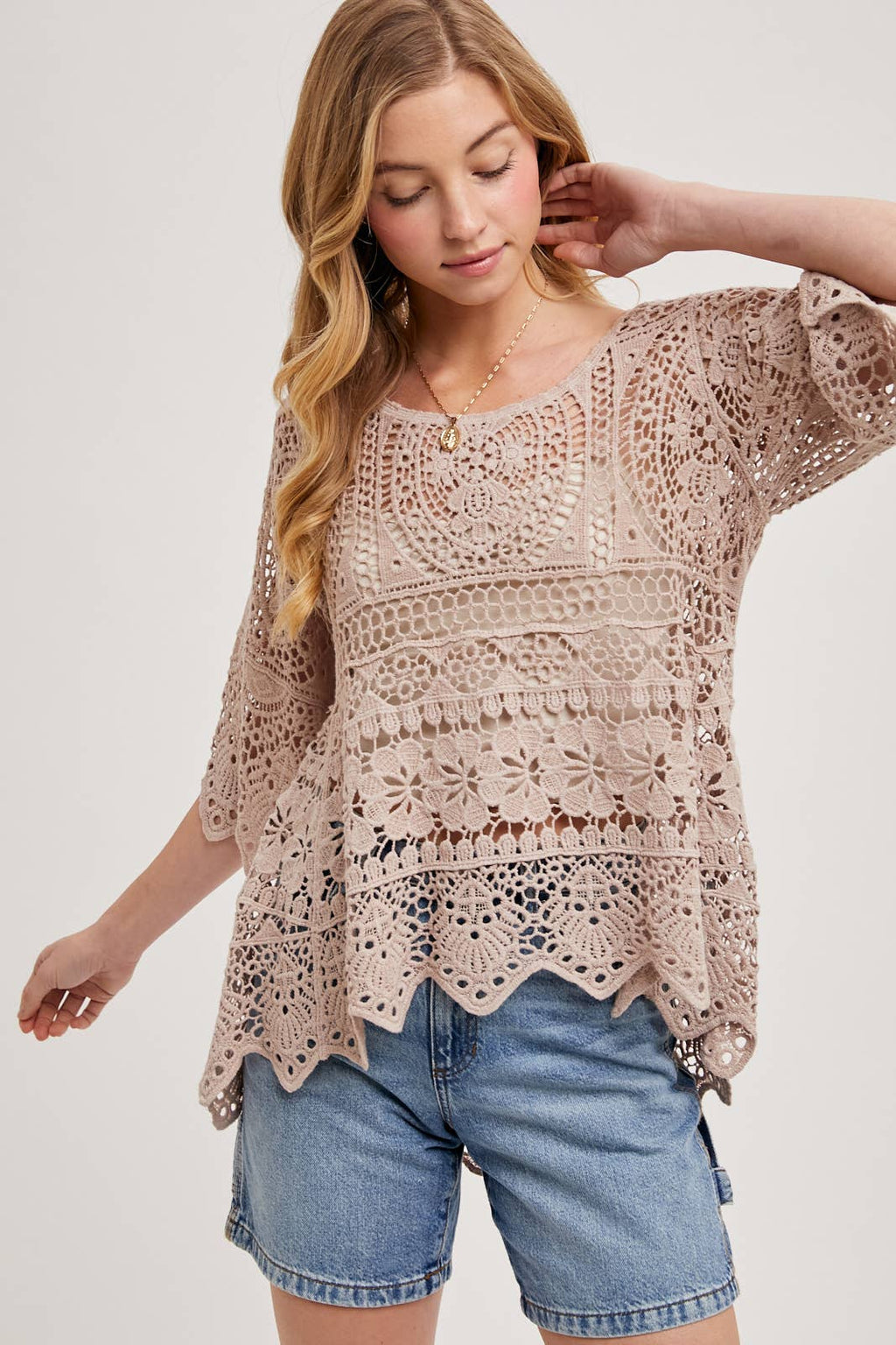 BEACH COVER-UP SHEER CROCHET TOP WITH NO LINING: NATURAL