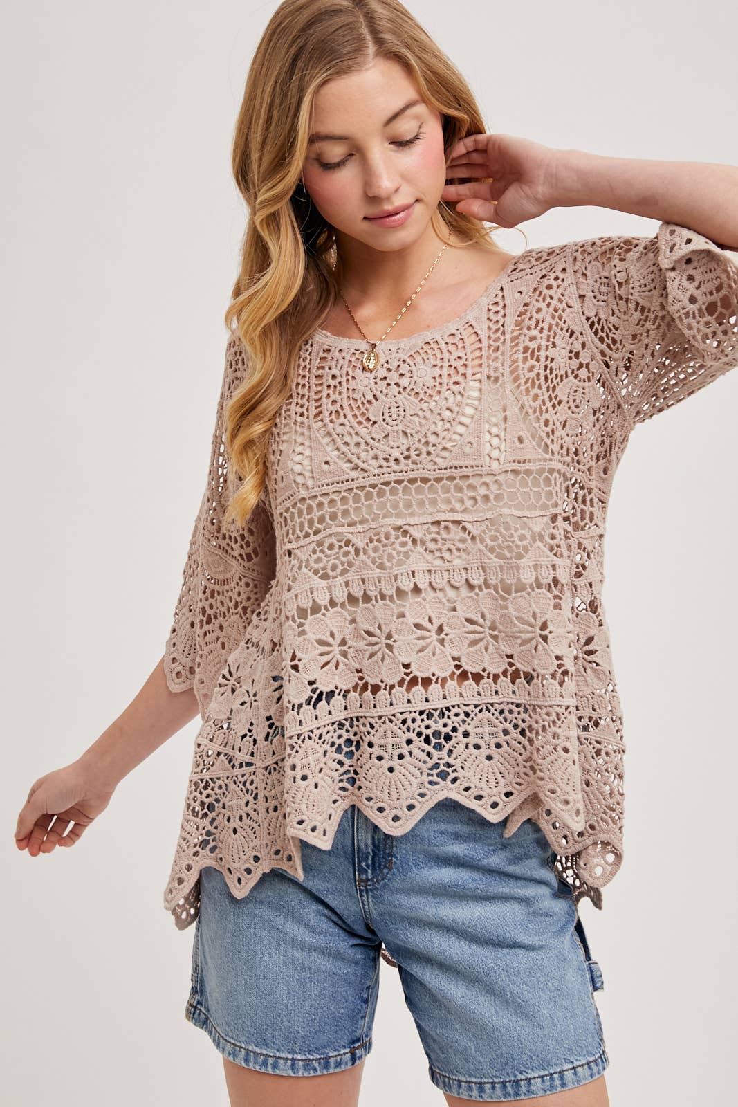 BEACH COVER-UP SHEER CROCHET TOP WITH NO LINING: NATURAL