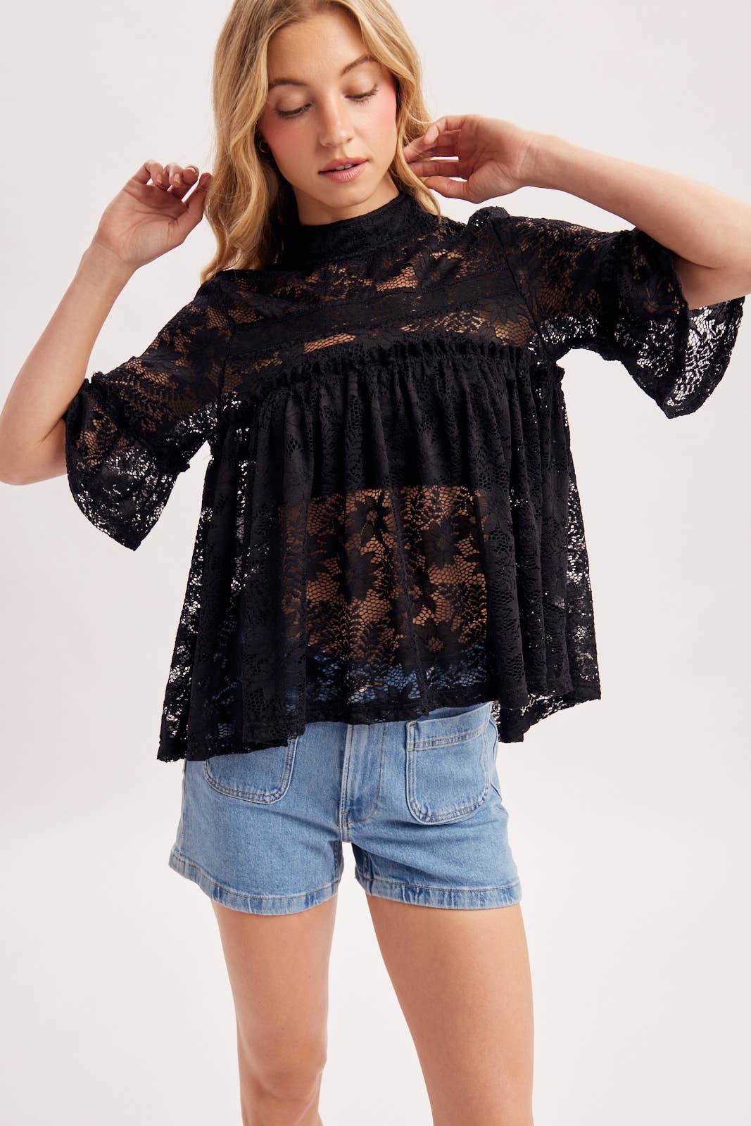 MOCK NECK BABY DOLL LACE TOP WITH NO LINING - EASTER DAY: Black / S