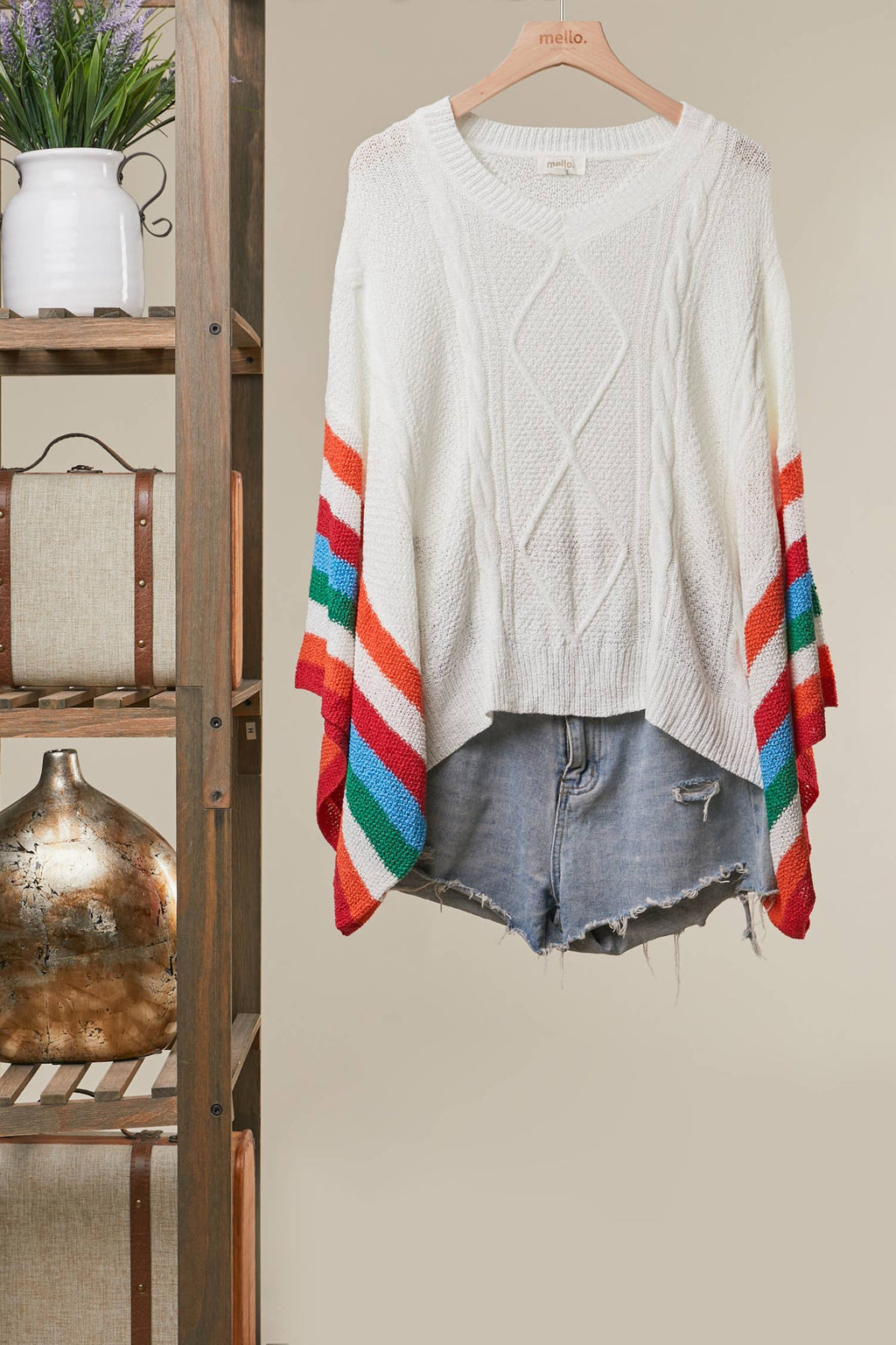 Cable Knit Sweater with Rainbow Stripe: Multi / S