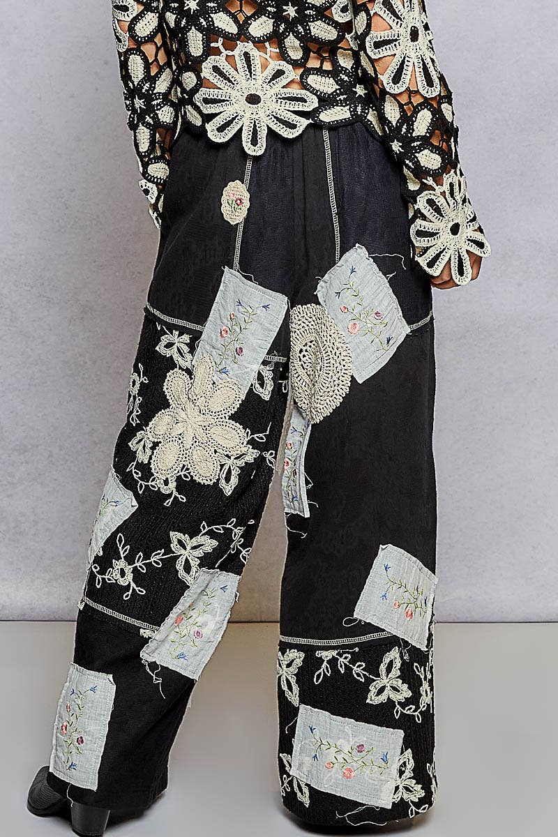 Solid Lace Patch Detail Woven Pants: SKY BLUE