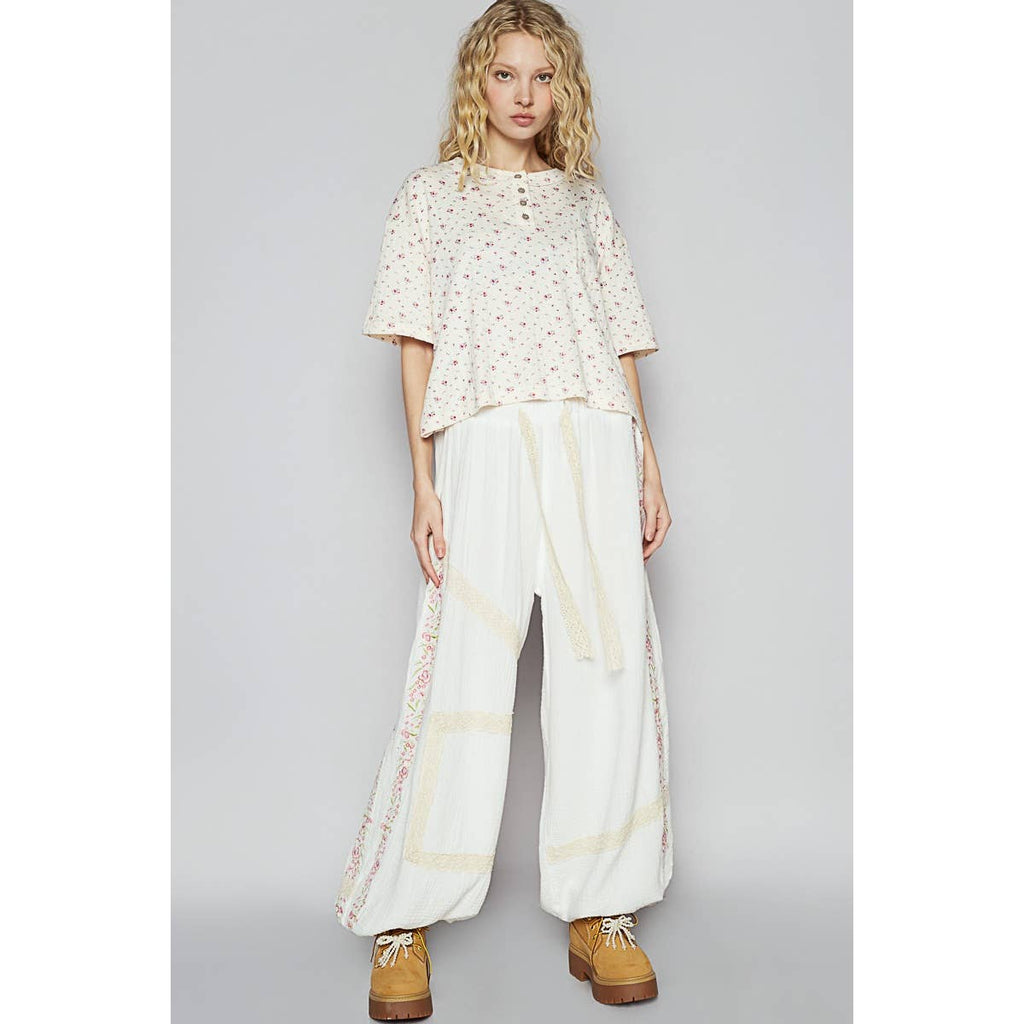 Vintage Washed Embroidery Trim Point Jogger Pants: NAVY CHARCOAL / M