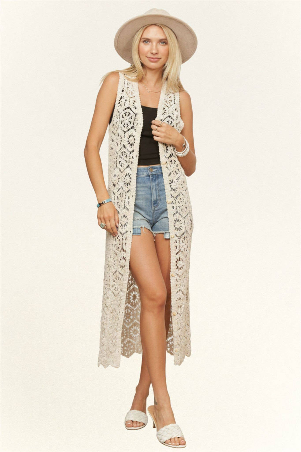 LONG CROCHET CARDIGAN VEST- LEJ4076: BEIGE / SM-ML(3-3)
