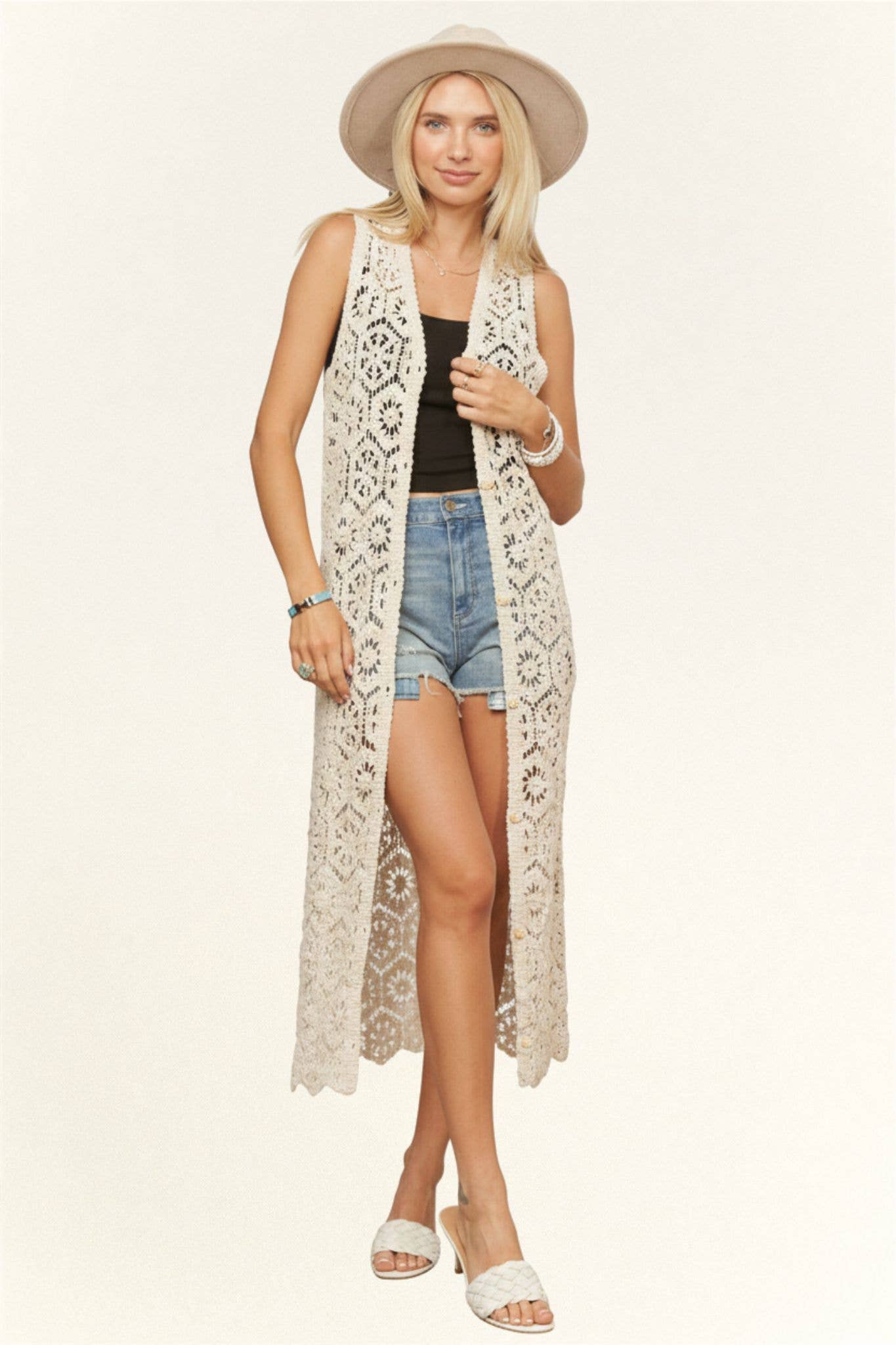 LONG CROCHET CARDIGAN VEST- LEJ4076: BEIGE / SM-ML(3-3)